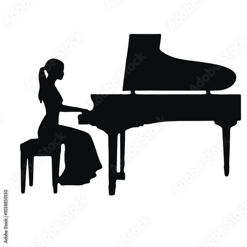 A silhouette of a woman sitting at a grand piano, playing the instrument