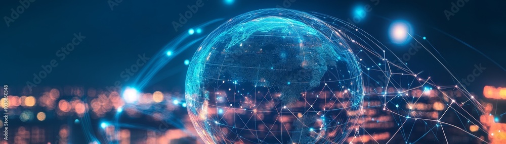 Obraz premium Digital Globe with Connected Lines and Bokeh, global network, digital technology, connected world