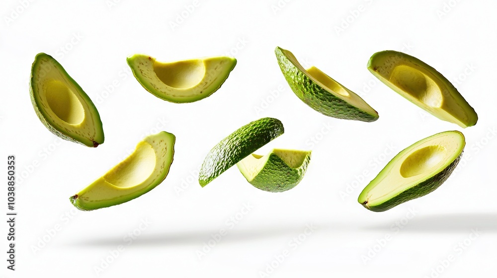   A group of flying sliced avocados with one cut in half and one sliced