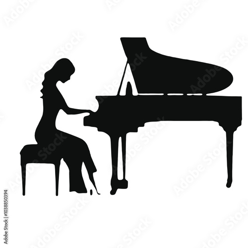 A silhouette of a woman sitting at a grand piano, playing the instrument