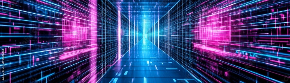 Digital Corridor with Neon Lights, 3D Rendering, Abstract, Neon Lights, Cyberpunk, Digital Art Digital Corridor with Neon Lights, 3D Rendering, Abstract, Neon Lights, Cyberpunk, Digital Art