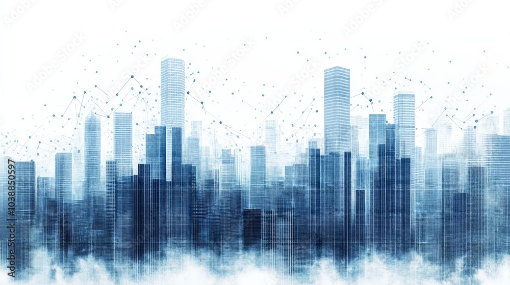 Digital Watercolor Cityscape with Connected Lines and Dots, Abstract, Urban, Architecture, Technology Digital Watercolor Cityscape with Connected Lines and Dots, Abstract, Urban, Architecture, Technology