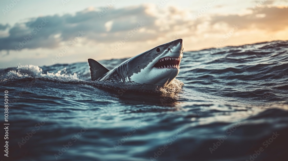 Fototapeta premium White great shark jump out of water composition background