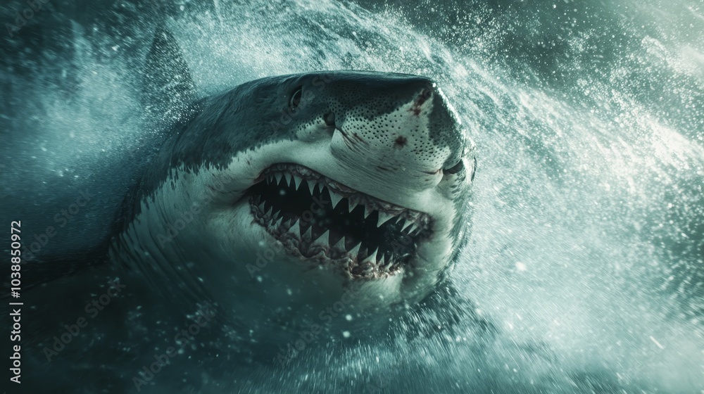 Fototapeta premium White great shark jump out of water composition background