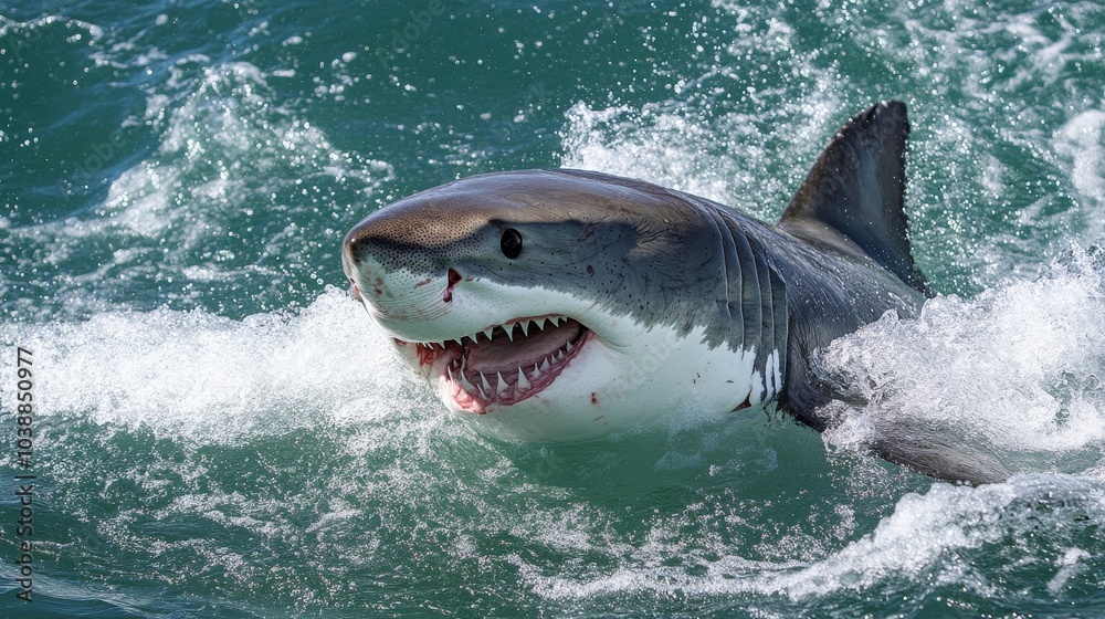 Fototapeta premium White great shark jump out of water composition background