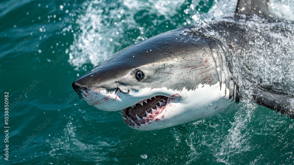 Naklejka premium White great shark jump out of water composition background