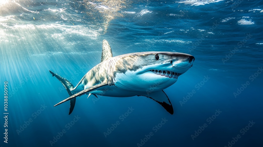 Fototapeta premium White great shark jump out of water composition background
