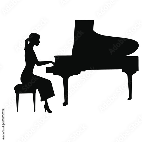 A silhouette of a woman sitting at a grand piano, playing the instrument
