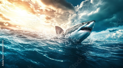 White great shark jump out of water composition background