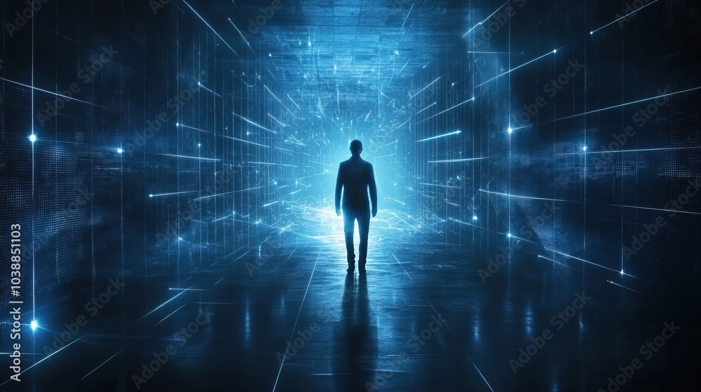 A glowing figure stands within a digital realm A glowing figure stands within a digital realm