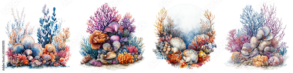 A serene seabed scene with clams and colorful coral, illustrated in a watercolor painting style, on a transparent background. A serene seabed scene with clams and colorful coral, illustrated in a watercolor painting style, on a transparent background.