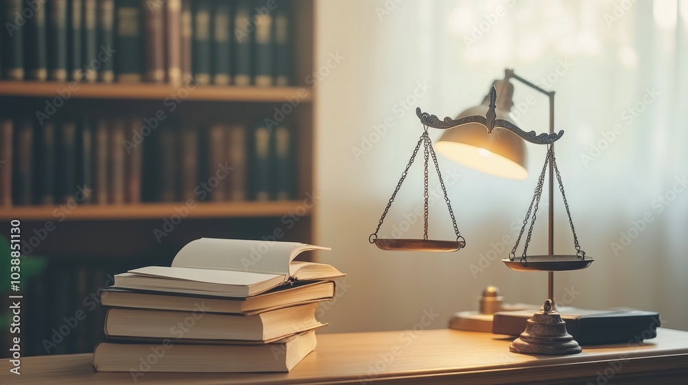 Justice Scales with Books and Lamp, Law, Legal, Justice Justice Scales with Books and Lamp, Law, Legal, Justice