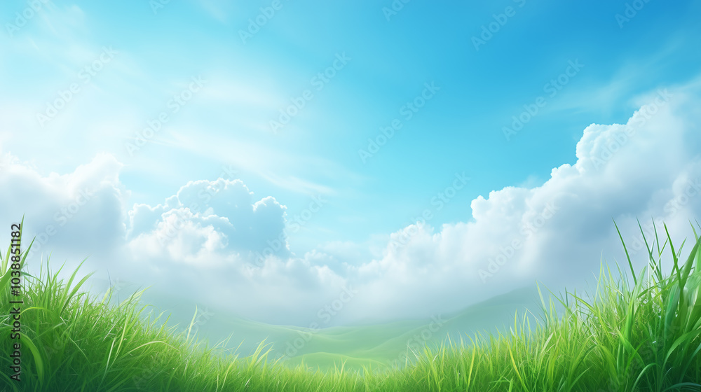 Vast blue sky with fluffy clouds above lush green grass in a serene landscape at midday Vast blue sky with fluffy clouds above lush green grass in a serene landscape at midday