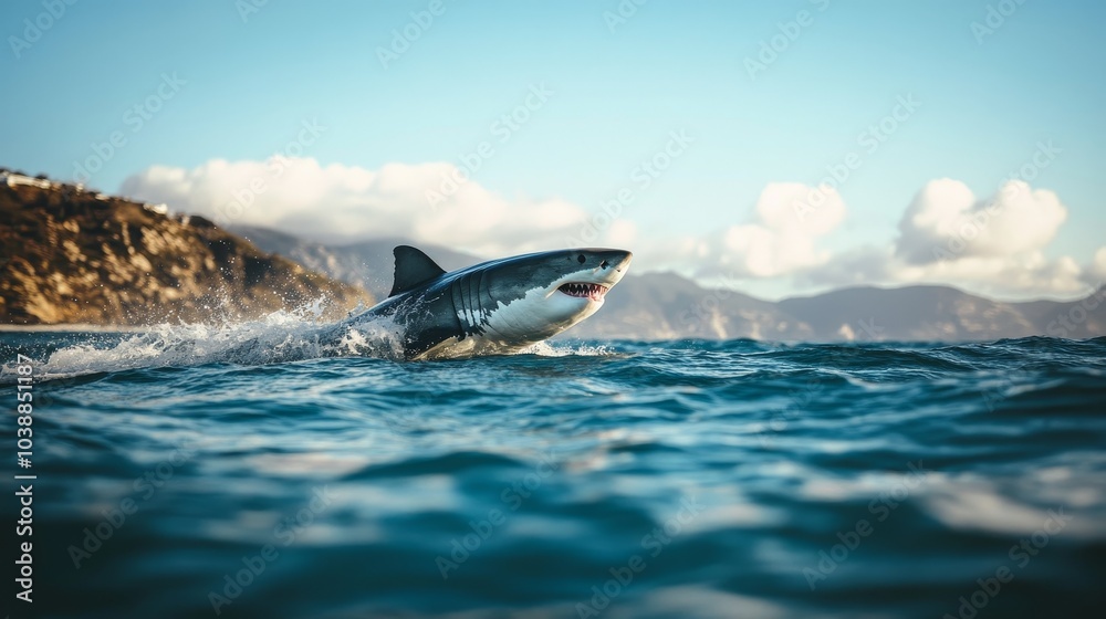 Fototapeta premium White great shark jump out of water composition background