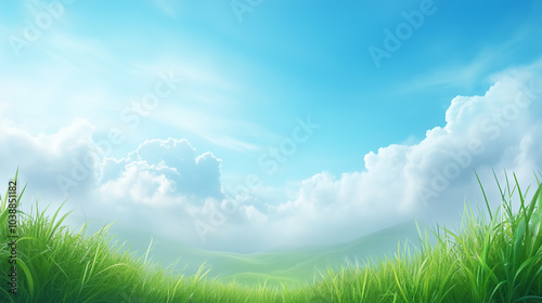 Vast blue sky with fluffy clouds above lush green grass in a serene landscape at midday