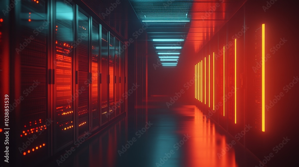 Neon Lit Server Room Corridor, 3D rendering, futuristic , server, technology Neon Lit Server Room Corridor, 3D rendering, futuristic , server, technology