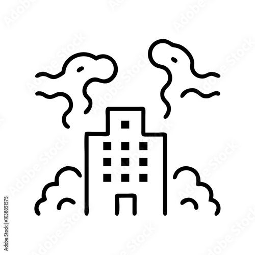 Industrial building with smoke icon, representing factories, production, and pollution. photo