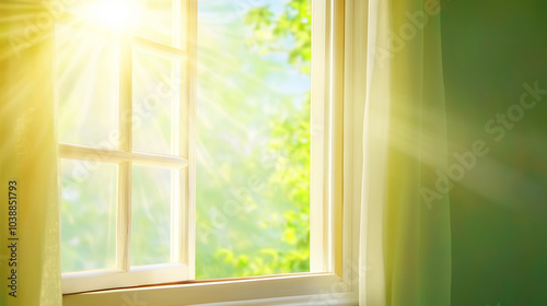 Sunlight streaming through an open window with green leaves visible outside on a bright day