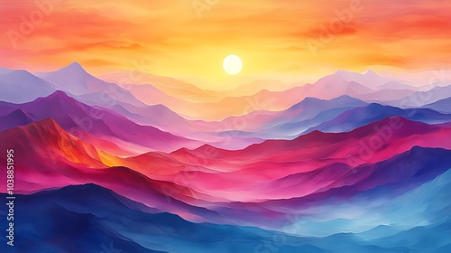 Vibrant sunset over a colorful mountain range, showcasing a beautiful gradient of pink, blue, and purple hues.