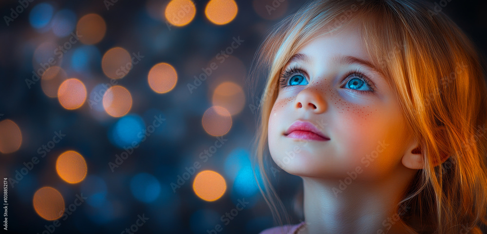 A young girl with blue eyes and blonde hair is looking up at the sky. The image has a dreamy, ethereal quality to it, with the girl's gaze seemingly reaching beyond the horizon A young girl with blue eyes and blonde hair is looking up at the sky. The image has a dreamy, ethereal quality to it, with the girl's gaze seemingly reaching beyond the horizon