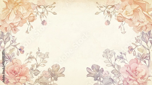   Watercolor painting featuring pink & purple flowers against beige background with space for text/image insertion