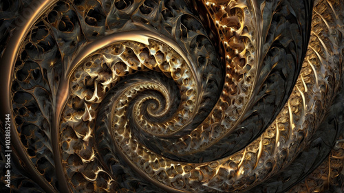 A mesmerizing abstract image featuring a swirling spiral of intricate metallic patterns, resembling a celestial vortex or a complex machine.