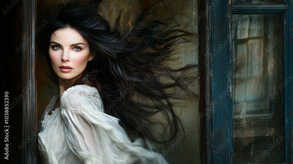 Obraz premium Woman with Flowing Hair Through Window, Portrait, Wind, Closeup, Fashion, Dramatic Lighting, Rustic