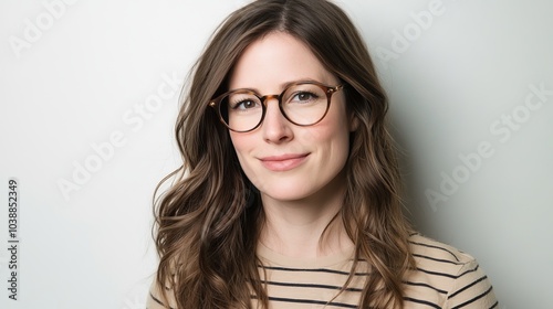 Woman in Glasses Smiling, Portrait, White Background, Casual Style, Glasses, Portrait, Casual