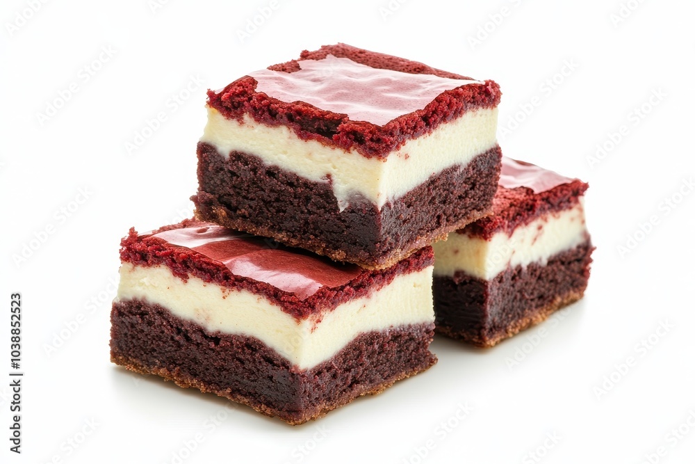 Cream cheese filled red velvet brownies on a white backdrop Cream cheese filled red velvet brownies on a white backdrop