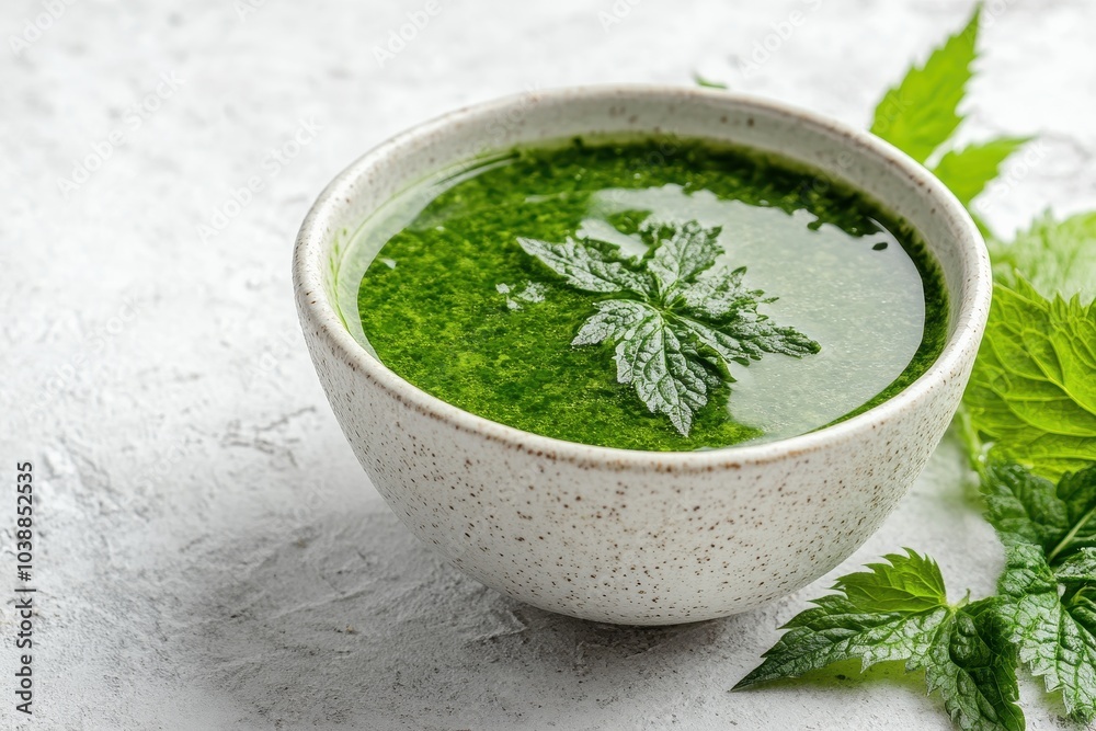 Creamy green nettle soup in a white bowl on a light backdrop Tasty vegan starter Creamy green nettle soup in a white bowl on a light backdrop Tasty vegan starter