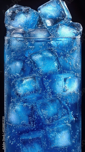 Refreshing Blue Beverage in Tall Glass with Ice Cubes and Bubbling Fizz for Summer, Party Drink, Cold, Refreshment, Bubbles, Blue Beverage, Ice Cubes, Glass, Chilled photo