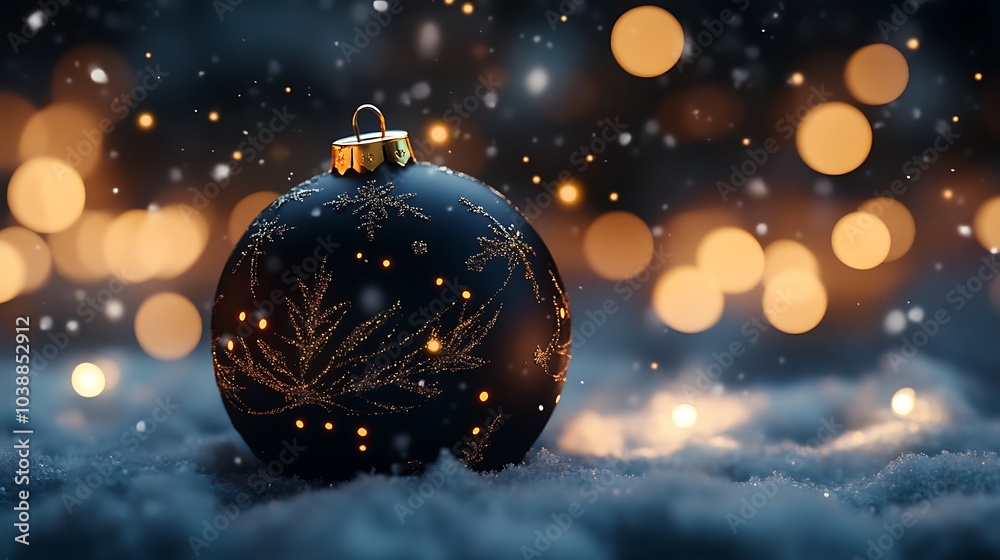 A black Christmas ball with delicate gold glitter designs on a snowy surface, with glowing lights providing warmth in the background. A black Christmas ball with delicate gold glitter designs on a snowy surface, with glowing lights providing warmth in the background.