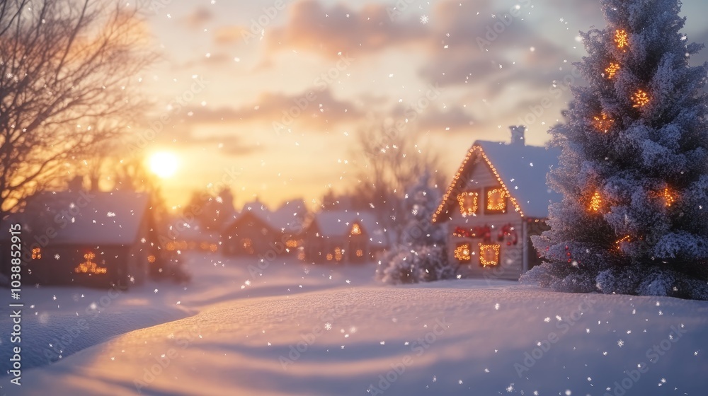 Winter christmas snowy village composition background Winter christmas snowy village composition background