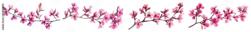 Fototapeta premium Redbud tree flowers on a branch illustrated in a watercolor painting style, on a transparent background.