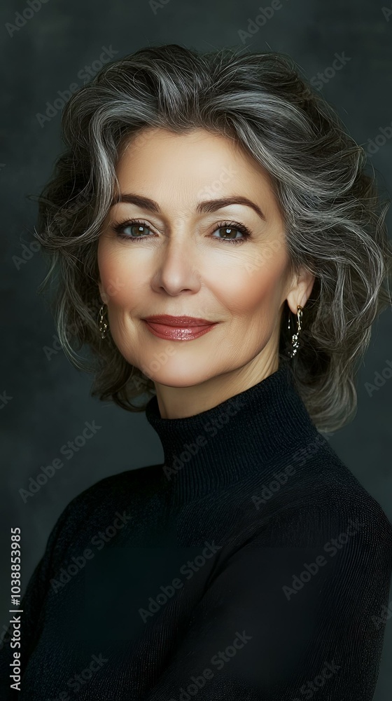 Fototapeta premium Elegant woman with long blonde hair wearing a black turtleneck and blazer, studio portrait with dark background