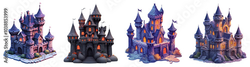 A 3D icon of an eerie haunted castle, illustrated on a transparent background, with dark turrets and glowing windows.