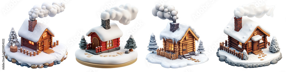 Naklejka premium A 3D icon of a small winter cabin with smoke coming out of the chimney, illustrated on a transparent background.