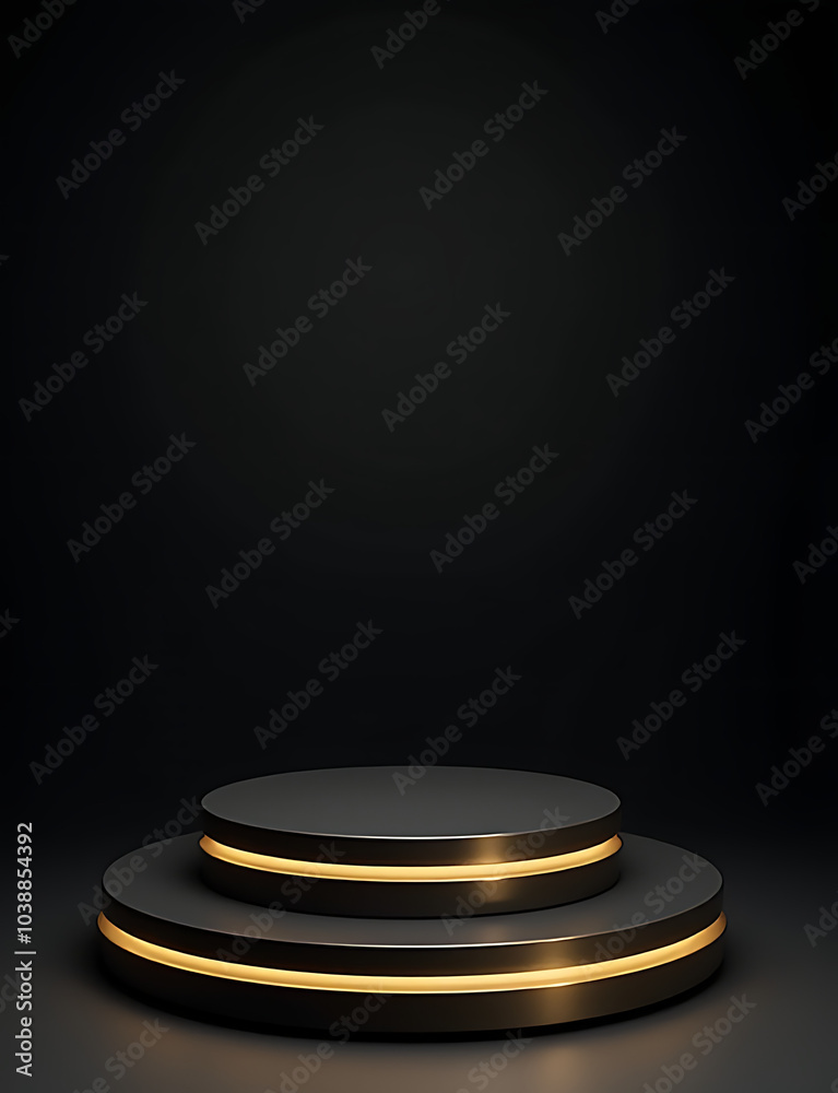 Elegant podium features circular design with gold accents on a dark background surface. Elegant podium features circular design with gold accents on a dark background surface.