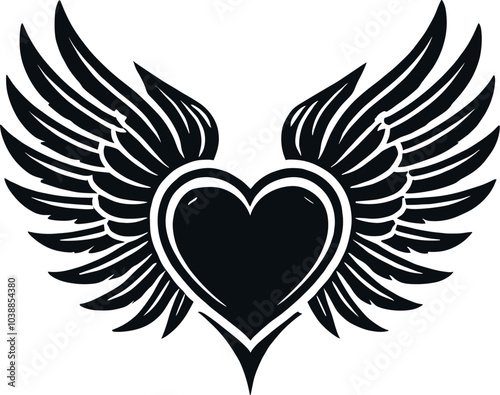 Heart with wings vector black silhouette print design