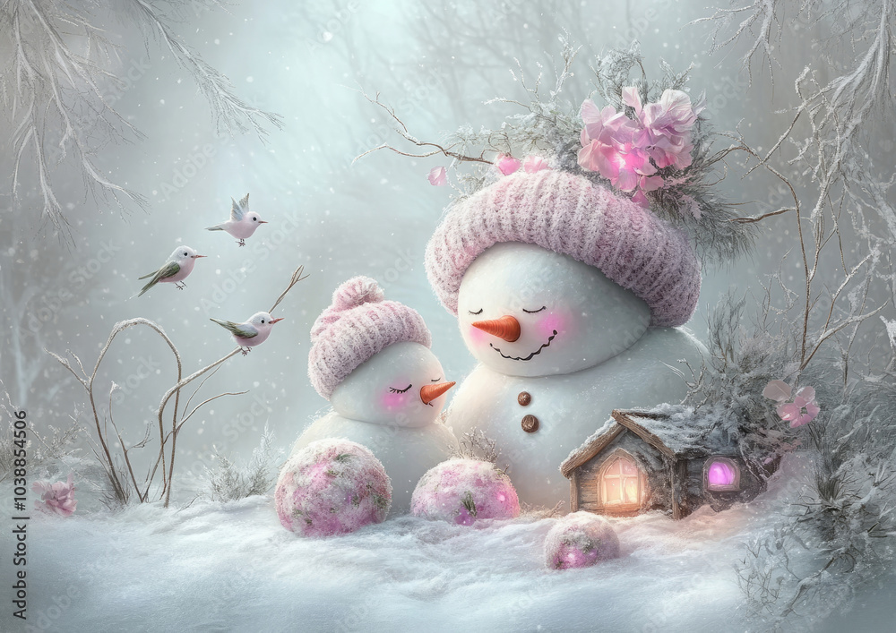 Obraz premium Adorable snowman family with knit hats and birds in a peaceful winter wonderland scene 