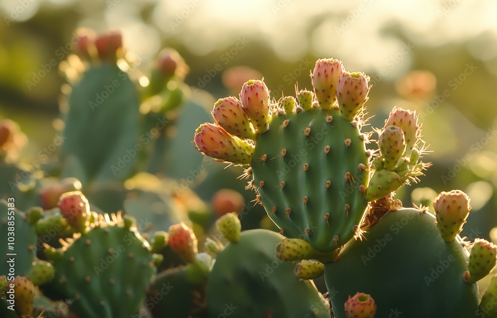 Prickly pear cactus blooming under golden sunlight in a natural landscape Prickly pear cactus blooming under golden sunlight in a natural landscape
