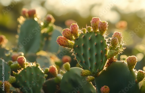 Prickly pear cactus blooming under golden sunlight in a natural landscape