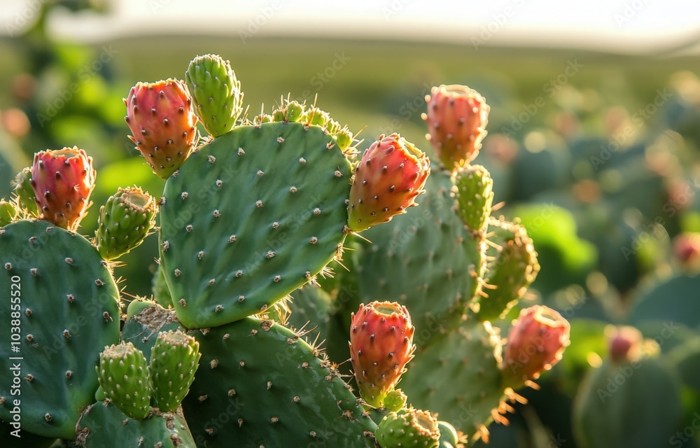 Cactus fruit ripening under sunlight in a vast desert landscape during golden hour Cactus fruit ripening under sunlight in a vast desert landscape during golden hour