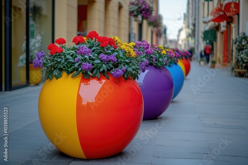 Decorative plastic flowerpots featuring vibrant red yellow and violet blooms adorn the street creating a festive atmosphere that captures everyone s attention photo