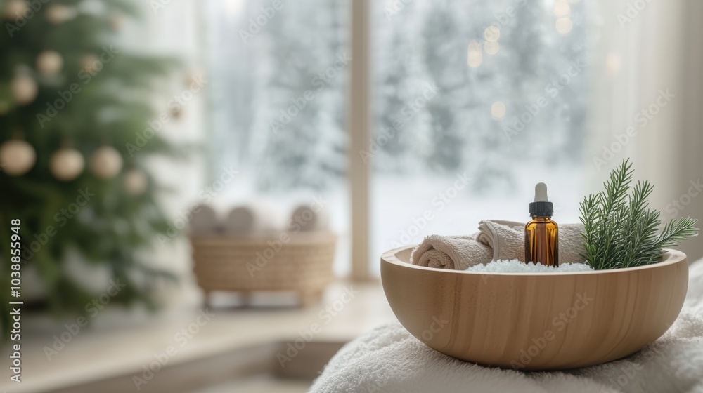 Spa-Accessoires vor winterlichem Ausblick Spa-Accessoires vor winterlichem Ausblick