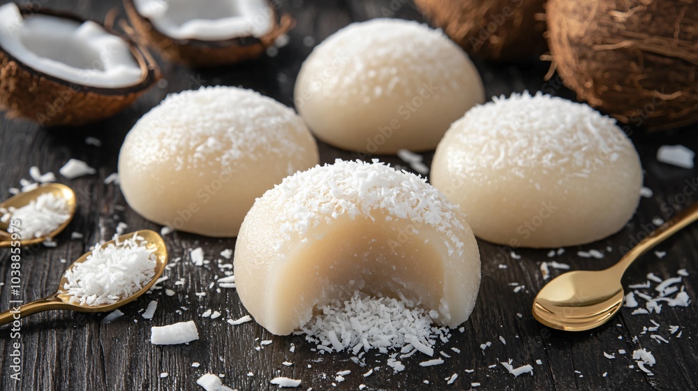 Mochi with a coconut coating, isolated on a dark wooden surface, surrounded by coconut flakes and small gold spoons Mochi with a coconut coating, isolated on a dark wooden surface, surrounded by coconut flakes and small gold spoons