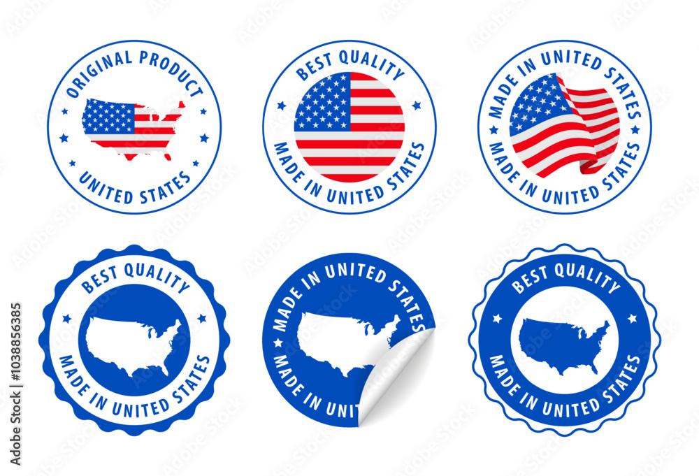 United States - set of stamps and stickers with map and flag. Best quality. Original product. Vector illustration. United States - set of stamps and stickers with map and flag. Best quality. Original product. Vector illustration.