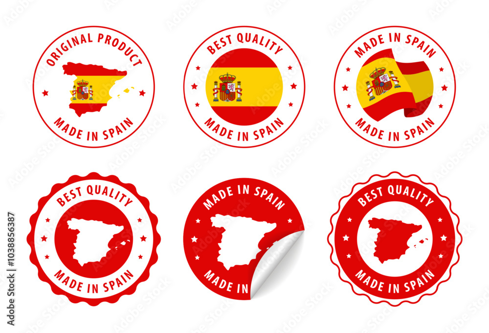 Spain - set of stamps and stickers with map and flag. Best quality. Original product. Vector illustration. Spain - set of stamps and stickers with map and flag. Best quality. Original product. Vector illustration.
