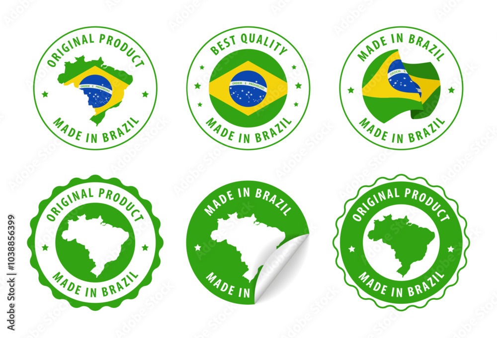 Brazil - set of stamps and stickers with map and flag. Best quality. Original product. Vector illustration. Brazil - set of stamps and stickers with map and flag. Best quality. Original product. Vector illustration.