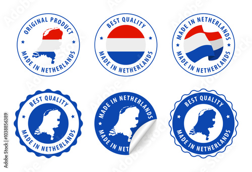 Netherlands - set of stamps and stickers with map and flag. Best quality. Original product. Vector illustration.